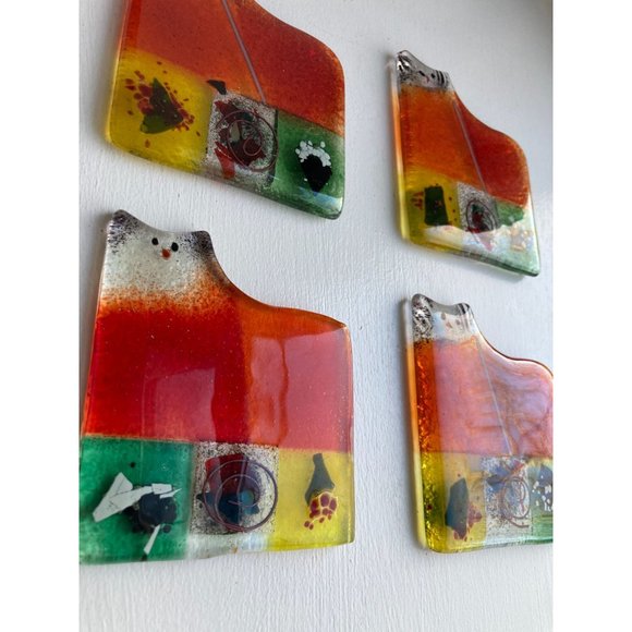 4 Art Glass Cat Kitten Decor Coaster Set Patchwork Boho Eclectic Multi Color 3.5 - Picture 3 of 14